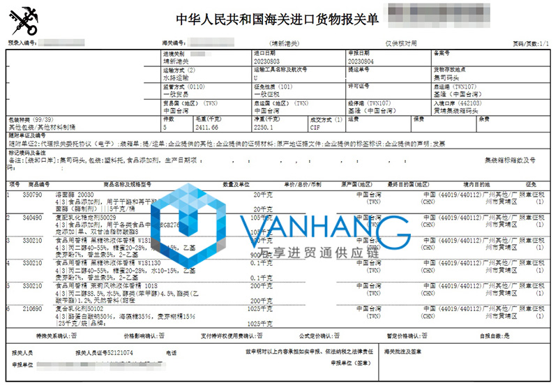 臺(tái)灣食品用香精進(jìn)口報(bào)關(guān)資料